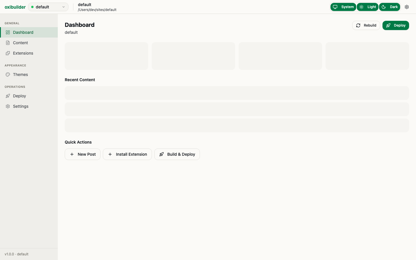 OxiBuilder admin console dashboard - sidebar nav and stats.