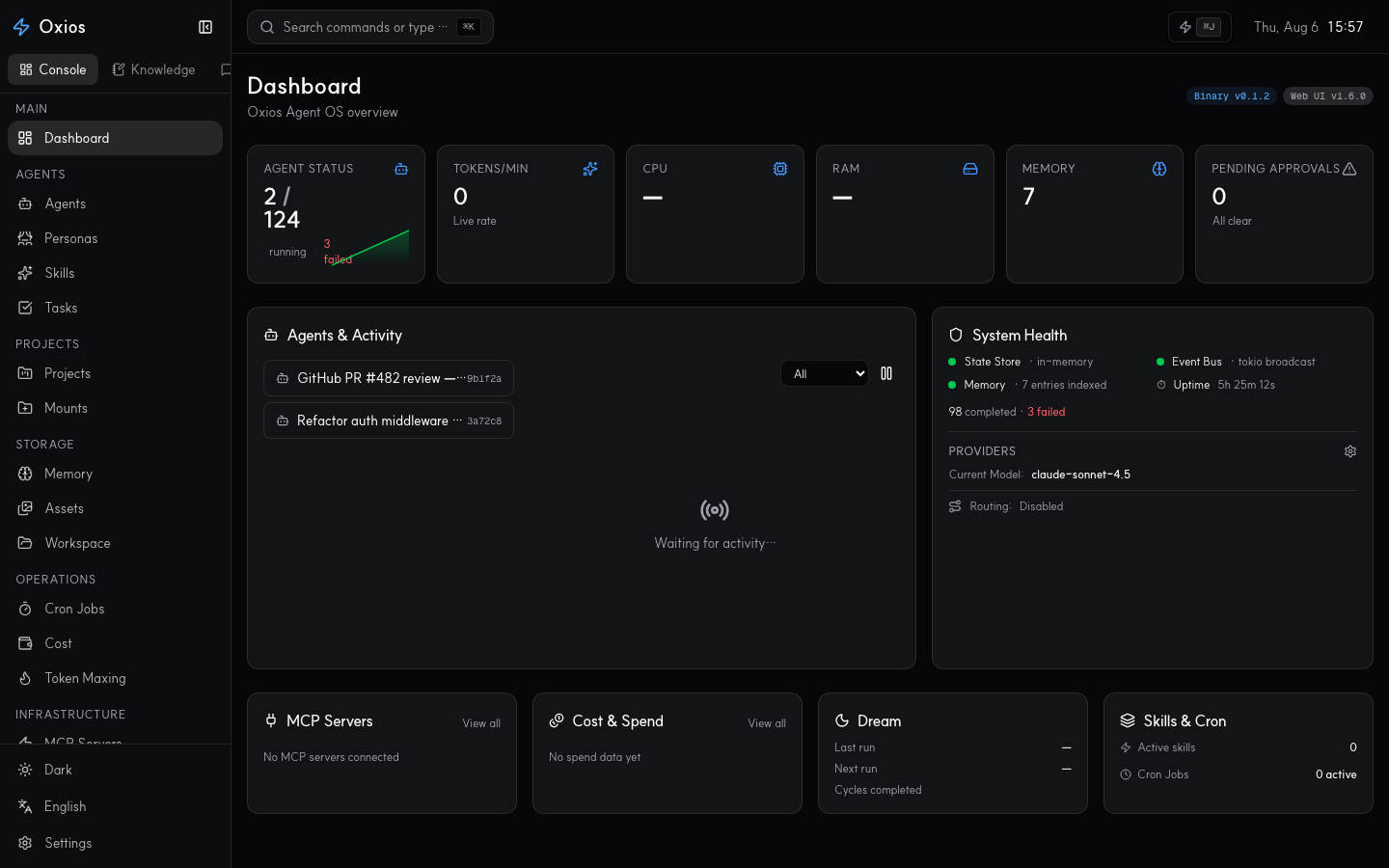 OxiOS Web UI dashboard - agent status, tokens, pending approvals, and skill catalog.