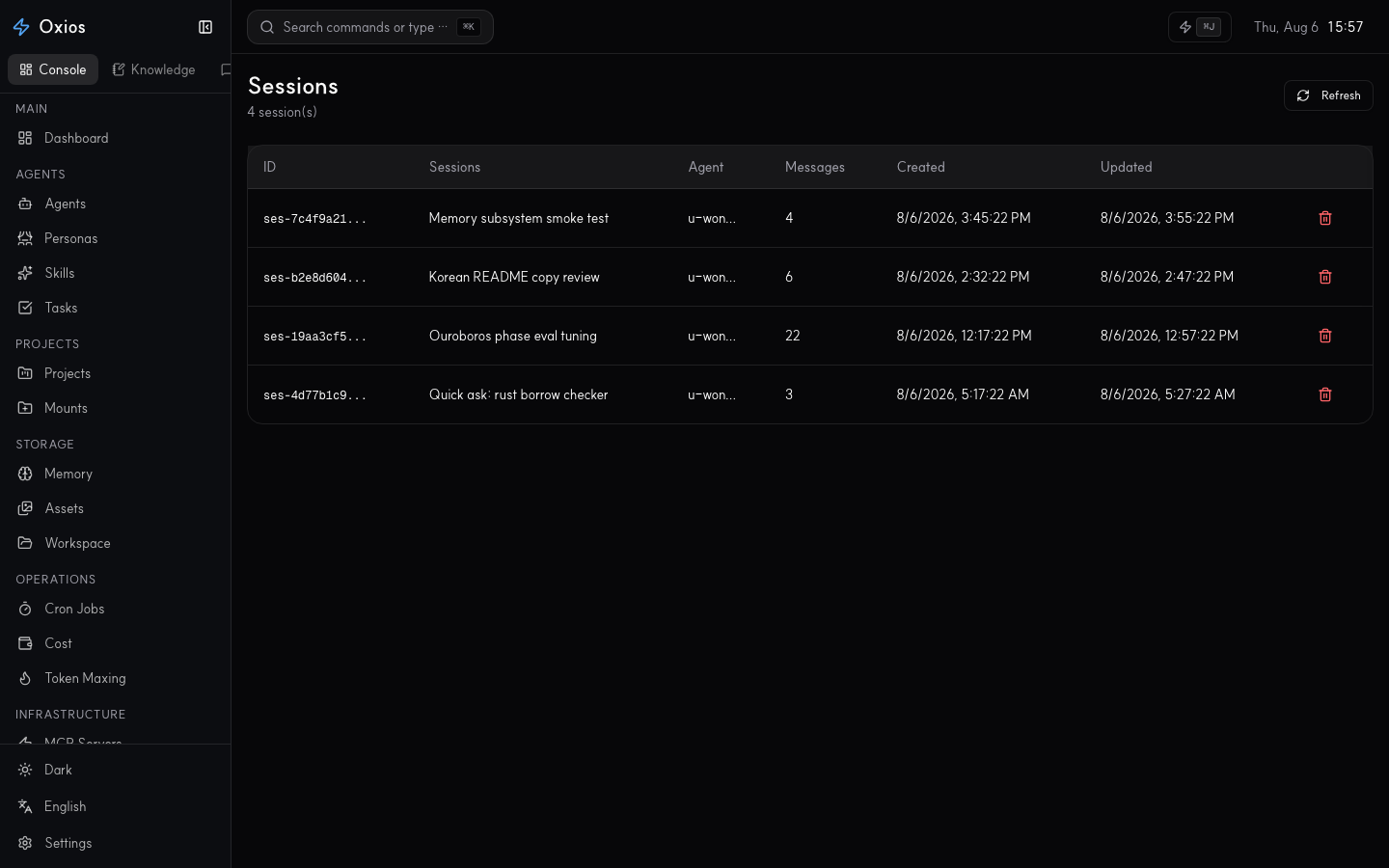 OxiOS sessions table - agent, message count, and timestamps.